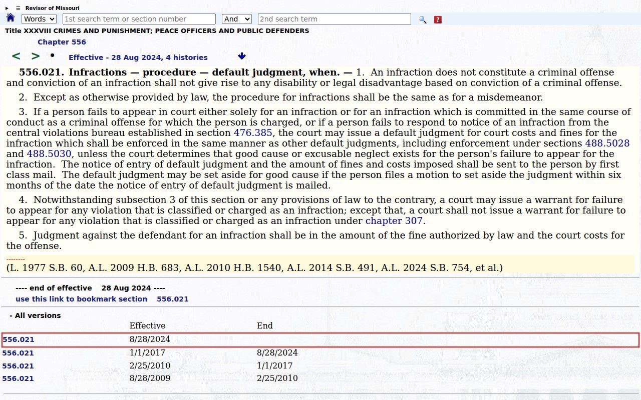 Shannon County outstanding warrant infraction default rule