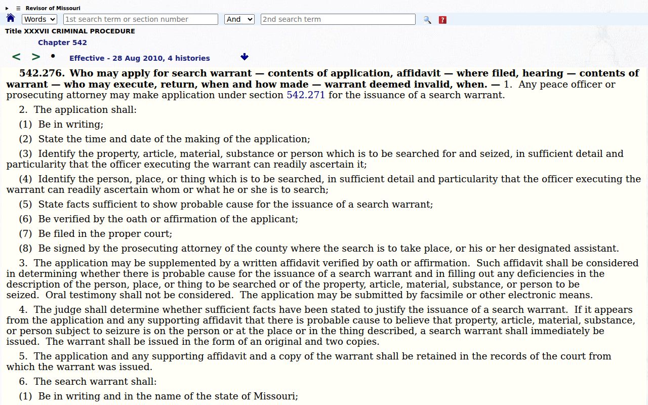Shannon County arrest warrant search and Missouri search-warrant statute